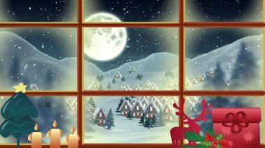 Kış manzarası animasyonu, pencerenin arkasından görülen evler ve Noel Baba kızağı. Noel, gelenek ve kutlama konsepti dijital olarak oluşturuldu.