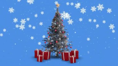 Mavi arka planda, Noel ağacının üzerine düşen kar animasyonu. Noel, kış, gelenek ve kutlama konsepti dijital olarak oluşturulmuş video.