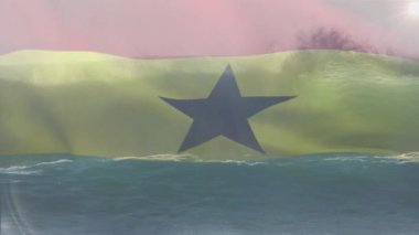 Gana bayrağının dijital bileşimi denizdeki dalgaların havadan görünüşüne karşı. Ulusal seyahat ve turizm kavramı