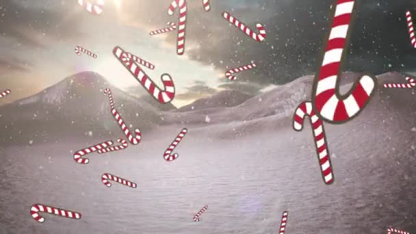 多根甘蔗图标和雪飘落在冬季的风景与云彩在天空中 圣诞节的庆祝和庆祝概念 — 图库视频影像