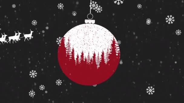 Animatie Van Kerstman Slee Met Rendieren Bauble Vallende Sneeuw Kerstmis — Stockvideo