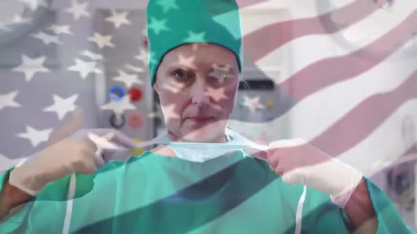 Animation Der Flagge Die Über Dem Chirurgen Operationssaal Weht Globale — Stockvideo