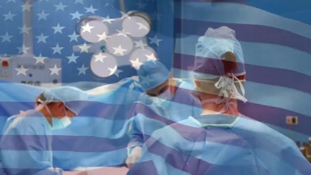 Animación Bandera Ondeando Sobre Cirujanos Quirófano Medicina Global Servicios Salud — Vídeos de Stock