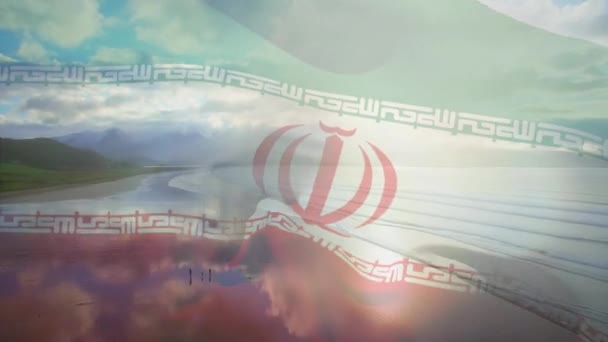 Digital Sammansättning Vifta Iran Flagga Mot Antenn Utsikt Över Stranden — Stockvideo
