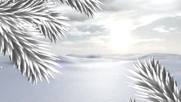 Arbre Noël Blanc Branches Sur Neige Tombant Sur Paysage Hivernal — Video