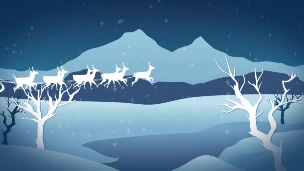 雪橇上的桑塔爪与驯鹿在降雪和冬季景观上的动画 圣诞节 传统和庆祝概念数字制作的视频 — 图库视频影像