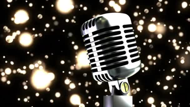 Анимация Летающих Золотых Огней Над Микрофоном Темном Фоне Развлекательная Музыкальная — стоковое видео