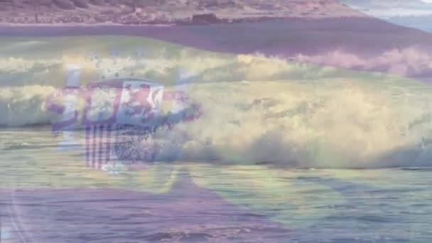 Digital Sammansättning Spanien Flagga Viftar Mot Antenn Syn Vågor Havet — Stockvideo