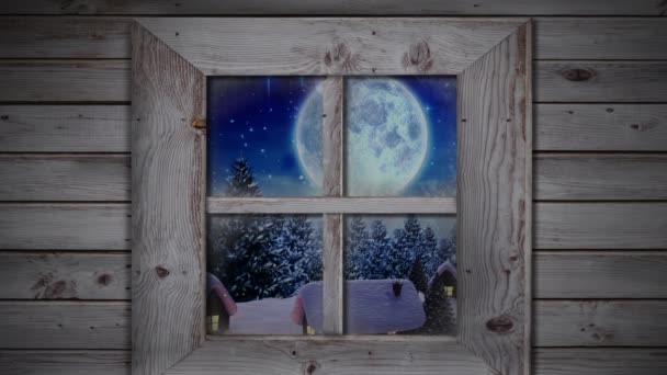 Drewniana Rama Okienna Śnieg Spadający Wiele Domów Drzew Zimowym Krajobrazie — Wideo stockowe