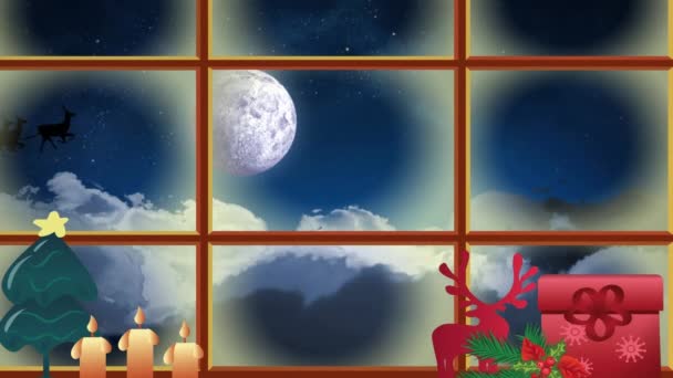 Animaiton Santa Sleigh Moon Night Sky Christmas Tradition Celebration Concept — Stock Video