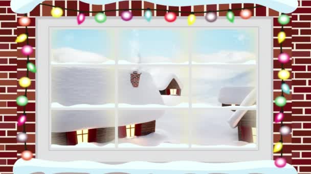 Animacja Zimowego Krajobrazu Domów Widzianych Przez Okno Boże Narodzenie Tradycja — Wideo stockowe