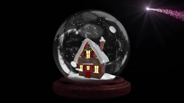 Animazione Globo Neve Con Casa Sopra Stelle Sfondo Nero Natale — Video Stock