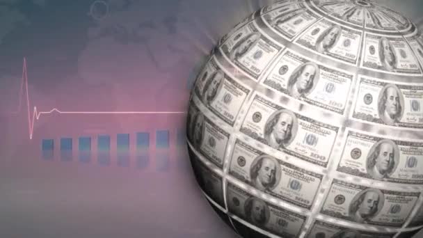 Анімація Американських Доларових Банкнот Крутиться Над Статистичною Світовою Картою Глобальний — стокове відео