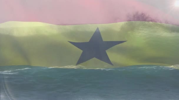 Digital Sammansättning Ghana Flagga Viftar Mot Antenn Syn Vågor Havet — Stockvideo
