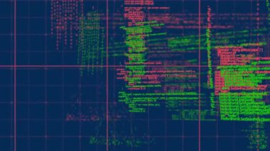 Mavi zemin üzerinde veri işleme animasyonu. küresel bağlantılar, veri işleme ve dijital arayüz konsepti dijital olarak oluşturulmuş video.
