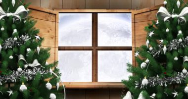 Pencereden görülen ren geyikleriyle Noel Baba 'nın kızakta canlandırması. Noel, gelenek ve kutlama konsepti dijital olarak oluşturuldu.