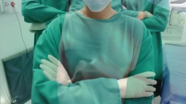 Ameliyathanede cerrahların üzerinde sallanan Nijerya bayrağının animasyonu. küresel tıp, covid 19 pandemik konsept sırasında sağlık hizmetleri dijital olarak üretilen video.