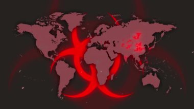 Uyarı animasyonu dünya haritasında karanlık arka planda şarkı söylüyor. küresel covid 19 salgın hastalık ve sağlık hizmetleri konsepti dijital olarak oluşturulmuş video.