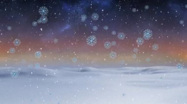 Kış manzarası ve kuzey ışıkları üzerine yağan karın animasyonu. Noel, kış, gelenek ve kutlama konsepti dijital olarak oluşturulmuş video.