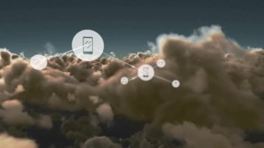 Gökyüzündeki simgelerle bağlantılı ağların animasyonu. küresel bağlantılar, veri işleme ve dijital arayüz konsepti dijital olarak oluşturulmuş video.
