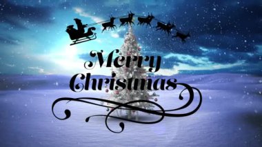 Mutlu noel mesajları ve Noel Baba kızakta ren geyikleri tarafından Noel ağacına doğru çekiliyor. Noel şenliği ve kutlama konsepti