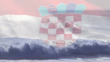 Denizde dalgalara karşı Hırvat bayrağı sallamanın dijital bileşimi. Ulusal turizm ve seyahat kavramı