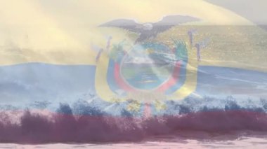 Denizde dalgalanan dalgalara karşı ekvator bayrağının dijital bileşimi. Ulusal turizm ve seyahat kavramı