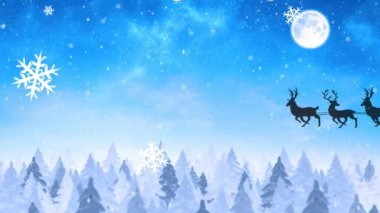 Kış manzarası ve Ren geyikli Noel Baba 'nın mutlu noel mesajlarının animasyonu. Noel, kış, gelenek ve kutlama konsepti dijital olarak oluşturulmuş video.