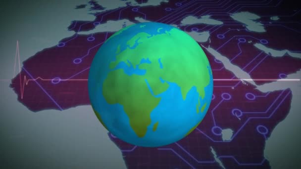 Animação Globo Girando Sobre Monitor Frequência Cardíaca Mapa Mundo Conceito — Vídeo de Stock