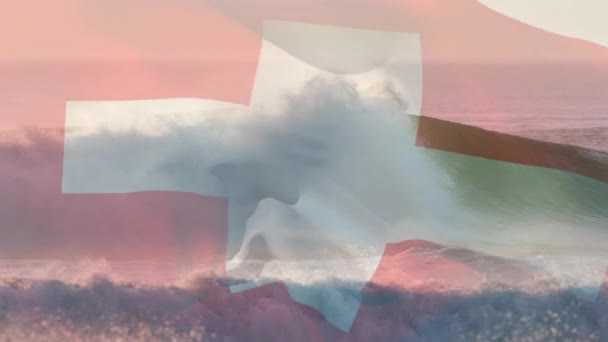 Digitale Samenstelling Van Zwaaiende Vlag Van Zwitserland Tegen Golven Zee — Stockvideo