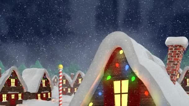 Schnee Fällt Über Mehrere Häuser Winterlicher Landschaft Gegen Den Nachthimmel — Stockvideo
