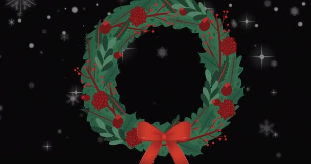 Animation Happy Holidays Text Christmas Wreath Black Background Christmas Winter — Stock Video
