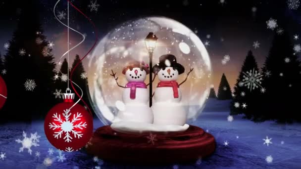 Animáció Hógömb Hóember Karácsonyi Baubles Felett Esik Téli Táj Karácsony — Stock videók