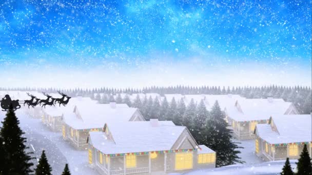 冬季城镇上降雪时 雪橇上的圣爪与驯鹿的动画 圣诞节 传统和庆祝概念数字制作的视频 — 图库视频影像