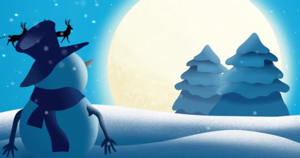 Animatie Van Kerstman Slee Met Rendieren Bewegen Maan Winter Landschap — Stockvideo