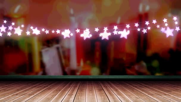 Brilhante Estrela Rosa Forma Fada Luz Decoração Pendurada Sobre Prancha — Vídeo de Stock