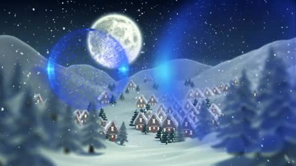 冬の風景の上にサンタそりやクリスマスボールのアニメーション クリスマス お祝いのコンセプトをデジタルで — ストック動画