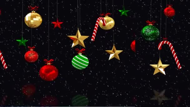 Κινούμενα Σχέδια Χριστουγεννιάτικης Διακόσμησης Και Χιονιού Μαύρο Φόντο Χριστούγεννα Παράδοση — Αρχείο Βίντεο