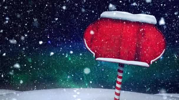 Neve Che Cade Sul Cartello Rosso Legno Sul Paesaggio Invernale — Video Stock