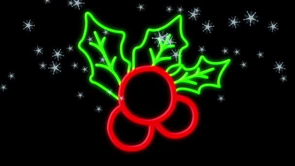 黒い背景にネオンのクリスマスの装飾に落ちるアニメーションOdの雪 クリスマス お祝いのコンセプトをデジタルで — ストック動画