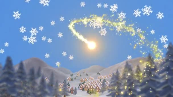 クリスマスハウスや冬の風景の上に流れ星のアニメーション クリスマス お祝いのコンセプトをデジタルで — ストック動画