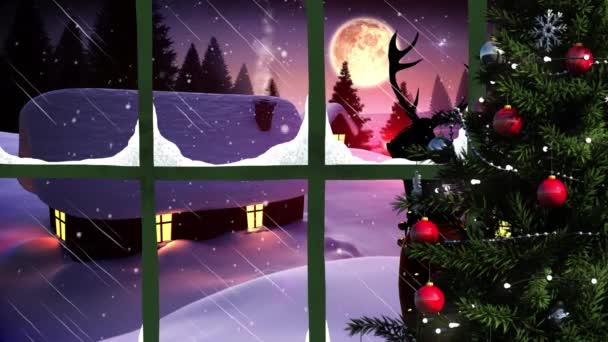 Animación Del Paisaje Invernal Casas Trineo Santa Vista Través Ventana — Vídeo de stock