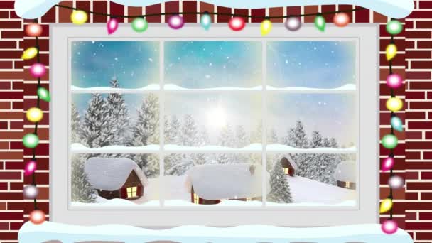 窓から見える冬の風景や家屋のアニメーション クリスマス お祝いのコンセプトをデジタルで — ストック動画