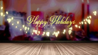 Mutlu bayramlar mesajı ve ahşap tahtada asılı parlak sarı ışık süslemesi. Noel şenliği ve kutlama konsepti