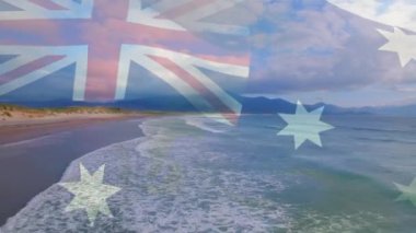 Avustralya bayrağının dijital bileşimi denizdeki dalgaların havadan görüntüsüne karşı. Ulusal seyahat ve turizm kavramı