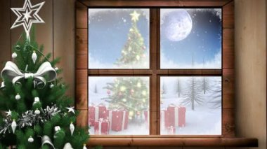 Noel Baba 'nın ren geyiğiyle kızakta olduğu kış manzarasının animasyonu. Noel, kış, gelenek ve kutlama konsepti dijital olarak oluşturulmuş video.