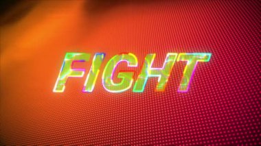 Turuncu ve pembe arka plan üzerine parlayan dövüş metninin animasyonu. Video oyunu, eğlence ve dijital arayüz kavramı dijital olarak oluşturuldu.