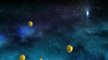 Yıldızların üzerinde uçan altın balonların animasyonu. Yeni yıl partisi, noel ve kutlama konsepti dijital olarak oluşturulmuş video.