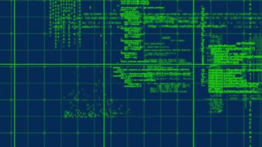 Mavi zemin üzerinde veri işleme animasyonu. küresel bağlantılar, veri işleme ve dijital arayüz konsepti dijital olarak oluşturulmuş video.