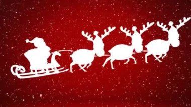 Kızakla Noel Baba 'nın üzerine yağan kar, ren geyikleri tarafından kırmızı arka plana çekiliyor. Noel şenliği ve kutlama konsepti